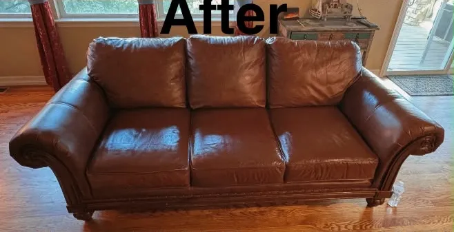 The same sofa after color restoration, with an even brown finish across the seats