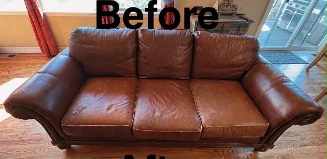 Brown leather three-seat sofa with faded, dull seat cushions