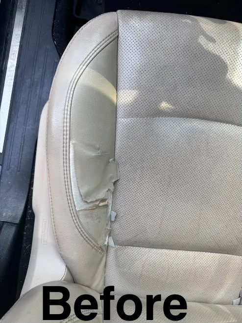 Beige car seat with a badly torn, peeling side bolster